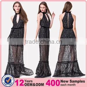 Free Sample Woman Casual Wholesale Long One Piece Maxi Fashion Black Lace and Sequin Evening Dress With Silver Threads thumbnail-1
