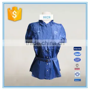 Images of Ladies Casual Tops for Sport Collar Women Shirt Front Open Blouse With Belt thumbnail-1