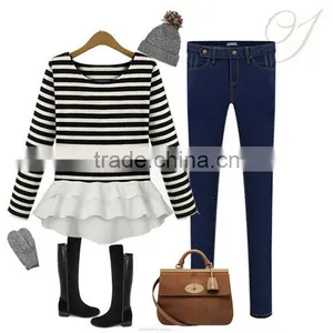 Autumn Latest Design Round Neck Ivory Long Sleeve Chiffon Stitching Knitting Striped Printing t Shirt Design thumbnail-5