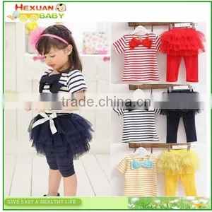 S80003T Summer Fashion Striped Bowknot T-shirts+ Lace Culottes , Children Clothing Sets 2-5 Years Kids Clothing Sets thumbnail-1