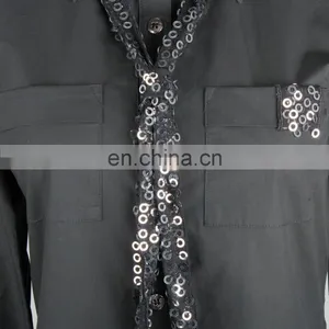 Spread Collar Fashion Style Women Long Shirts With Sequins Tie Non Iron thumbnail-4