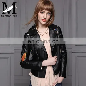 Hot Selling OEM Fashion Latest Womens Jackets Short Sheep Skin Moto Biker Leather Jacket thumbnail-1