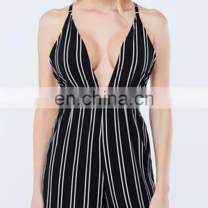 2015 Stripe Down Plunging Summer Women Jumpsuit thumbnail-5