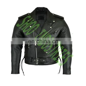 Classic BRANDO Black Blue Flame Men's Motorcycle Biker Hide Real Leather Jacket thumbnail-5
