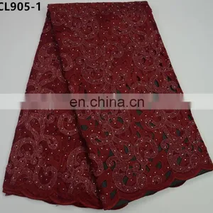 Wine Color African Cord Lace Fabric With Stones ,swiss Guipure Cord Lace Fabric thumbnail-1