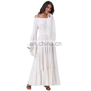 Belle Poque Retro Vintage Long Bell Sleeves Off Shoulder Cotton Flared A-Line Beige Long Maxi Dress BP000401-1 thumbnail-3