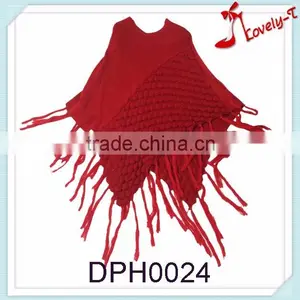 Hot Sale China Red Knitted Ladies' New Fashion Acrylic Bohemia Poncho Shawl With Tassels thumbnail-1