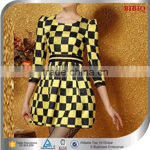 In Stock Women Short Round Neck Yellow Printed Casual Dresses thumbnail-1