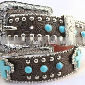 Floral Embossed Cowgirl Leather Western Turquoise Stone Studded Belts thumbnail-2