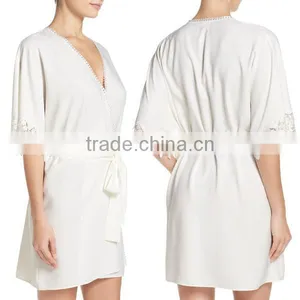 Satin Robes Women Silk 100% Polyester Lace Crochet Trim Short Robe Sexy Women thumbnail-1