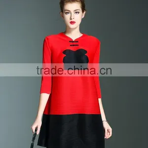Retro Pleat Chinoiserie Printed Ladies Large Size Dress With Two Buttons thumbnail-5