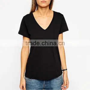 OEM Service 100% Cotton v Neck Short Sleeve Women t Shirt Plain no Brand T-shirt thumbnail-1