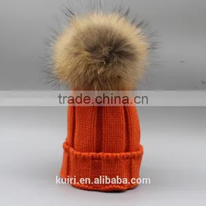 Winter Kids Fur Pom Pom Hats Baby Knitted Beanie 100% Real Raccoon Fur Cap For Boy Girl thumbnail-5