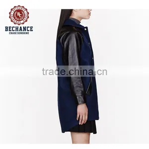 AB1502 Women Leather Sleeves Wool Long Coats thumbnail-3