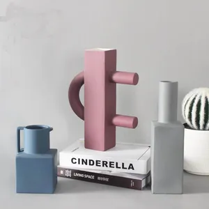 Unique Red Square Round Cylinder Art Table Ceramic Vase Flower Pot For TV Bench thumbnail-1
