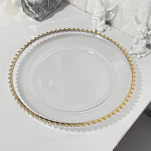 Cheap 13 Inch Clear Wedding Table Decoration Gold Beaded Acrylic Glass Charger Plate Party Wedding Decor Plastic Plates thumbnail-1