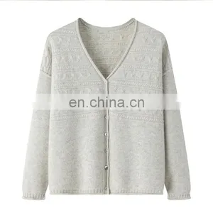 Wholesale Autumn Women's Casual Jacquard Knit Cardigan V-Neck Single Breast With Button Decoration OEM Service Available thumbnail-1