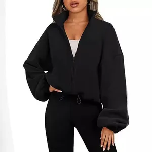 Women's 100% Polyester Stand Collar Cropped Polar Fleece Full Zip Jacket thumbnail-4