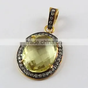 Vintage Lemon Quartz & CZ 925 Sterling Silver Pendant, Gemstone Silver Jewelry, Handmade Silver Jewelry thumbnail-3