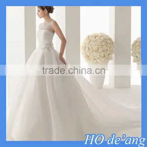 HOGIFT Simple Word Shoulder Sexy Lace Wedding Dress,Printed Flowers Luxurious Long Train Wedding Dress thumbnail-3