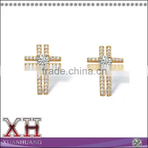 Gold Over Silver Cubic Zirconia Round and Pave Fashion Cross Earrings thumbnail-1