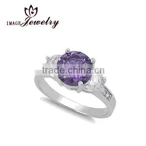 925 Sterling Silver Round Amethyst CZ Prong Setting Ring thumbnail-1