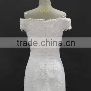 Off-shoulder Straight Neckline Horse Tail at Hem Make Ruffle Effect Sheath Wedding Dress thumbnail-6