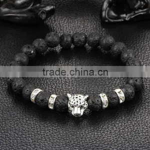 Hot Antique Crystal Rhinestone Leopard Head Lava Stone Buddha Bracelet thumbnail-1