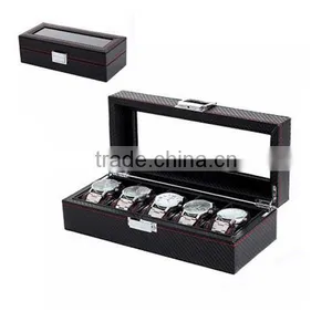 High-Grade PU Leather Package Box For Watch, 5 Slot Display Carbon Fiber Stripe Gift Storage Box thumbnail-1