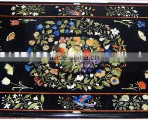 Black Marble Inlay Table Top Antique Pietra Dura Dining Table Top thumbnail-1
