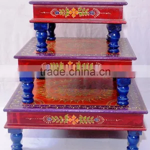 Indian Handcrafted Painted Wooden Chowki Set Of 3 thumbnail-2