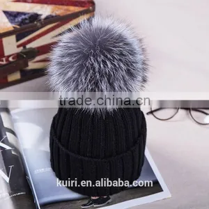 Hot Winter Colorful Snow Caps Wool Knitted Beanie Hat With Real Sliver Fox Fur Pom Poms For Women Men Hip Hop Skullies Cap thumbnail-4