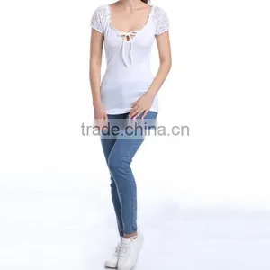 2017 Summer Cotton Hollow Patchwork Women Short Sleeve Blouses thumbnail-1