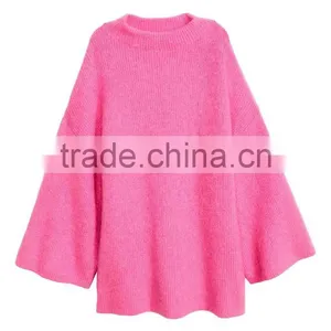 High Quality Long Bell Sleeves Crew Neck Ribbed Handmade Wool Knit Sweater for Women thumbnail-3