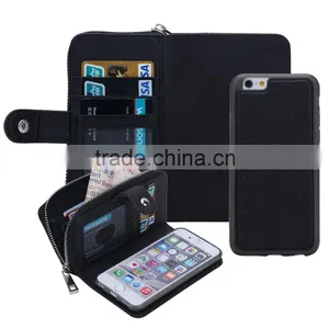 Fashion Zipper PU Leather Wallet Card Slot Black Cell Phone Case for IPhone 6/6s thumbnail-1
