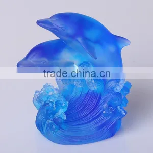 Pate de Verre Crystal Hotel Decoration of Blue Matt Dolphin Sculpture thumbnail-1