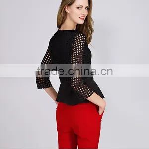 PRETTY STEPS 2016 Sexy Black Long Sleeve Twill Mesh Hollow Out Tight Office Blouse thumbnail-1