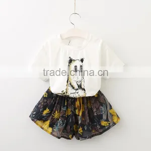 2017 Wholesale Girls Summer Apparel White t Shirt With Cat Print +mini Floral Dress Lothing Set thumbnail-1