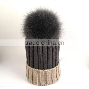 Myfur Real Fox Fur Pom Pom Bi-Color Adult Elegant Wool Beanie thumbnail-1