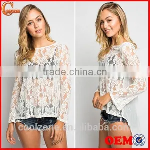Beautiful Lace Front Long Sleeve Lower Back Lace Blouse thumbnail-1