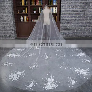 HSP1704 High Quality Lace Appliqued Veil Wedding Bridal Long Cathedral thumbnail-1