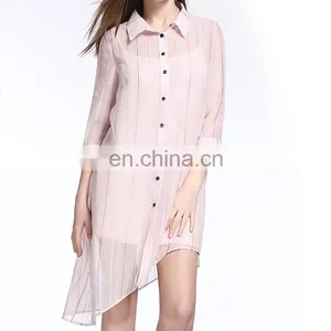 Elegant Women Long Sleeve Stripe Pattern Long Chiffon Loose Tops thumbnail-4