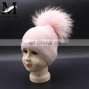 Fashion Kids Winter Knitted Raccoon Fur Pompom 100% Acrylic Knitted Beanie Hat thumbnail-1