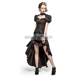 Steampunk Punk Rave Black Brown Short Puffed Sleeves High-low Long Dress Q-315 thumbnail-5