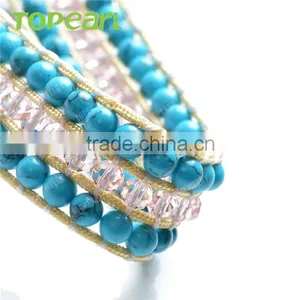 Topearl Jewelry Turquoise and Crystal Bracelet Woven Leather Wrap Bracelet for Women CLL177 thumbnail-3