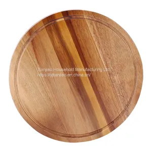 Custom Round Solid Wooden Chopping Board With Juice Groove Serving Food Natural Acacia Wood Kitchen Thick Cutting Boards thumbnail-4