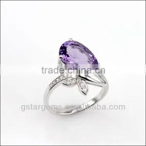 925 Sterling Silver Natural Gemstone Amethyst Rhodium Plated Jewelry CZ Ring thumbnail-1