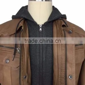 Man Wear Supplier Good Quality New Fashion Wholesale Brown PU Leather Jacket With Hood thumbnail-5