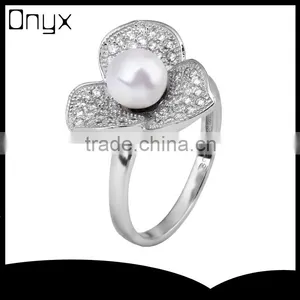 2015 Fashion 925 Sterling Silver Ring Clover Micro Zircon Pave Setting Pearl Ring thumbnail-1