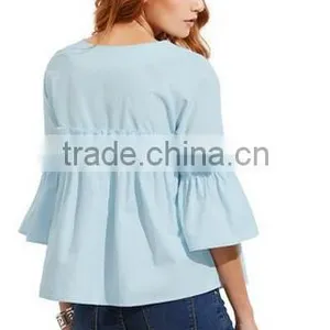 Women's Bell Sleeve Ruffle Trim Round Neck Pleated Blouse thumbnail-2